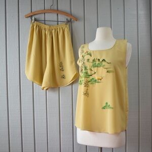 Gorgeous flowy silky vietnamese hand painted pajama short set in mustard yellow